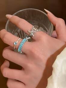 3pcs/Set Ocean Style Shell & Starfish Rings For Women, Fresh Blue Zirconia Open Adjustable Finger Rings, Niche Beach Layered Jewelry - Multicolor - View 2