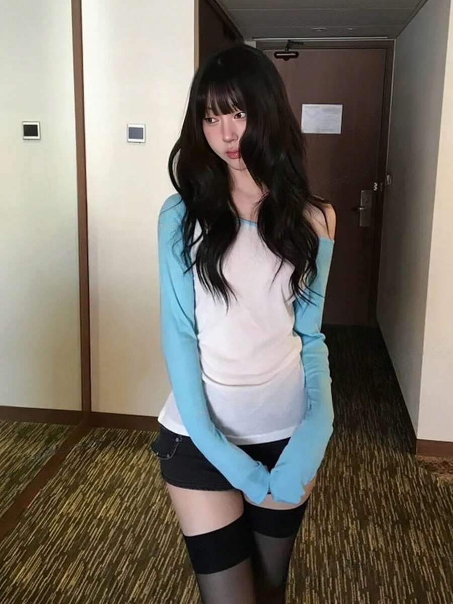 Colorblock Contrast Raglan Sleeve Sheer Long Sleeve Slim Fit Casual Top, White - White - View 1