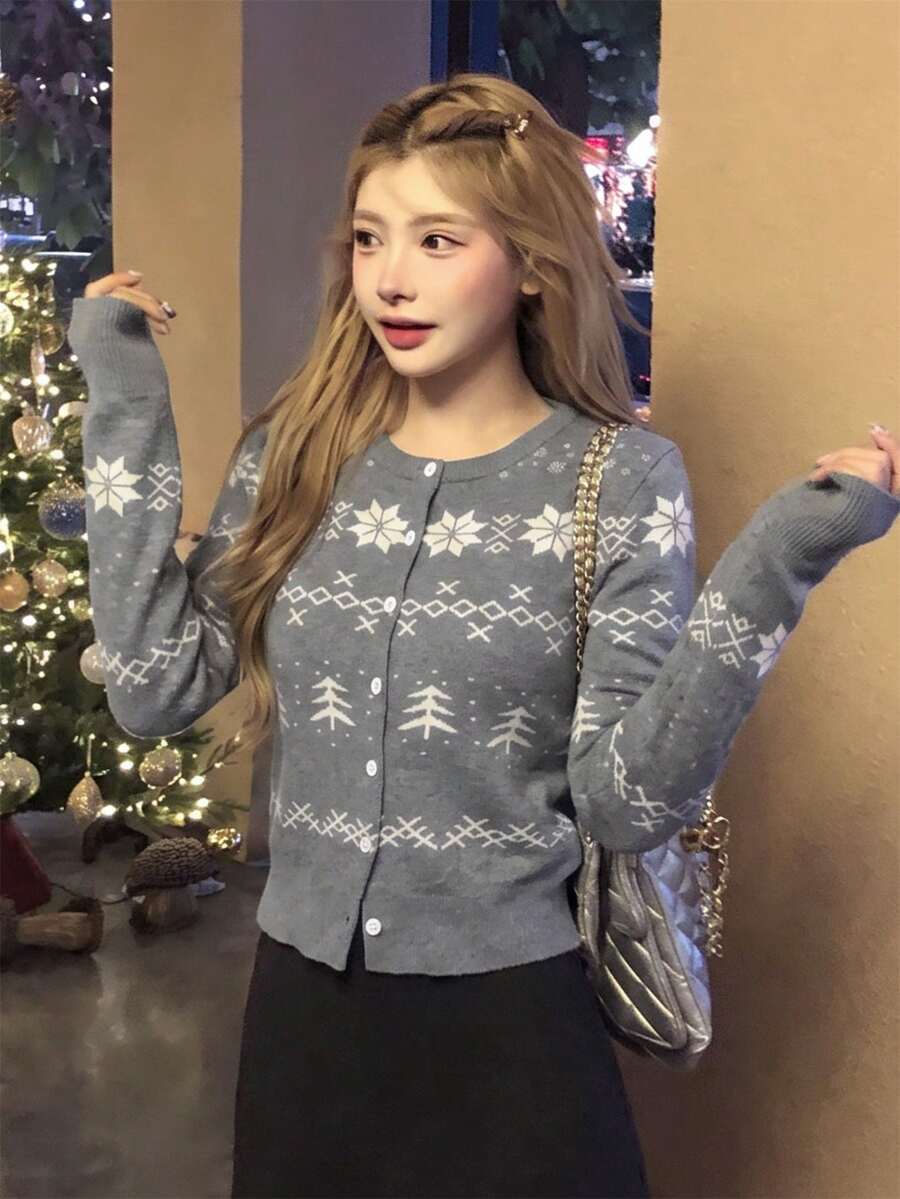 Autumn/Winter New Korean Sweet Casual Fair Isle Knit Cardigan Women Christmas Jacquard Round Neck Open Front Slim Fit Flattering Long Sleeve Jacket Vintage Preppy Style Daily Commute Versatile Wearable As Outerwear Or Single Piece - Grey - View 1