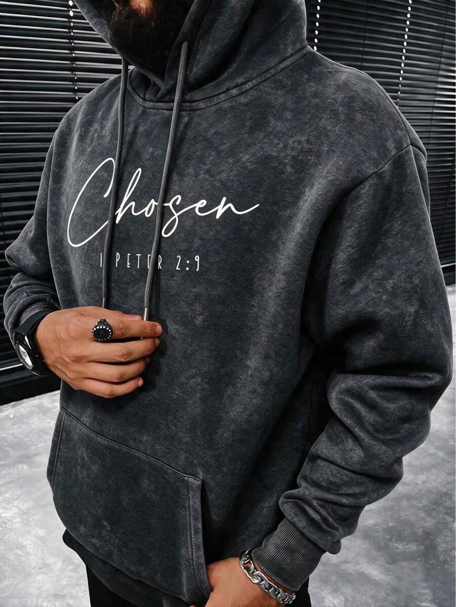 Men's Washed Distressed Hoodie Sweatshirt With Handwritten English Letter Print, Vintage Drawstring Kangaroo Pocket Loose Fit Pullover Top, Autumn/Winter - Black - View 1