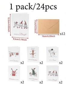 24Pcs Designs Christmas Greeting Cards Set, Cute Dwarf Reindeer Snowman Xmas Note Cards With Kraft Envelopes, Holiday Season Gift Wish Cards For Christmas Party - Multicolor - View 13