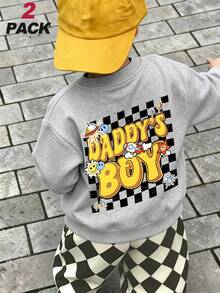 2pcs/Set Streetwear Cute Style Baby Boy Outfit, Skateboard Chick Print Sweatshirt + Checkerboard Ankle Wide Leg Pants, Soft Spring Daily Wear - Grey - View 1