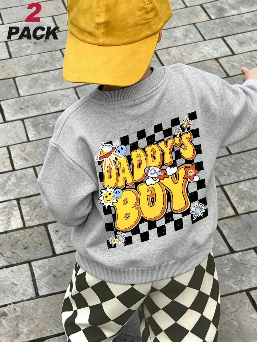 2pcs/Set Streetwear Cute Style Baby Boy Outfit, Skateboard Chick Print Sweatshirt + Checkerboard Ankle Wide Leg Pants, Soft Spring Daily Wear - Grey - View 1