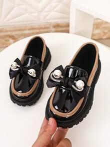 Girls' British Style Colorblock Slip-On Loafers, Thick Sole Versatile Princess Dress Shoes For Spring And Autumn - Black - View 4