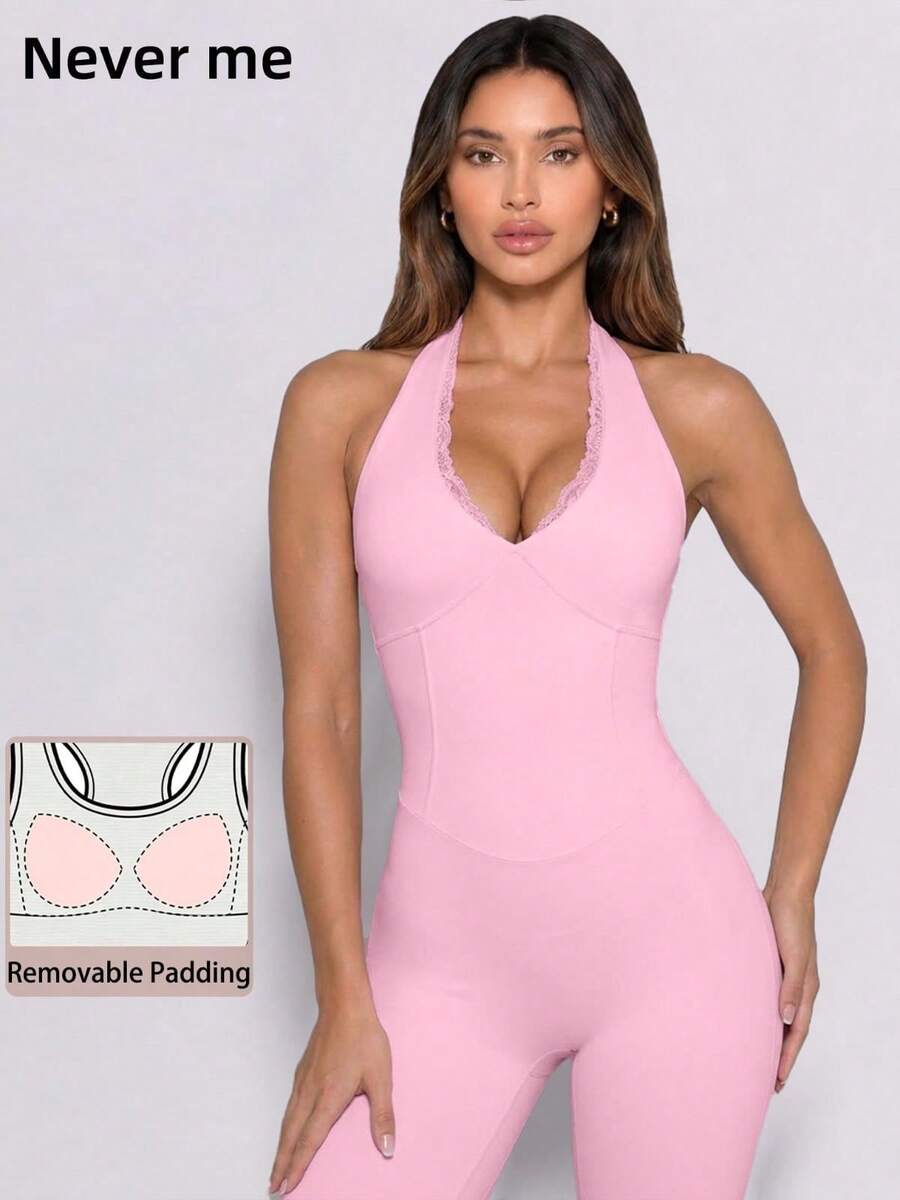 Never me Women's Halter Lace V-Neck Jumpsuit With Padded Chest, Open Back, Yoga Pilates Flare Leg Jumpsuit - Pink - View 1