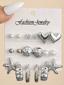 NAIZHU Set Anting-Anting Anak-Anak Motif Hati Geometris Metalik 9 Pasang, Cocok untuk Pemakaian Sehari-hari, Aksesori Pesta, dan Hadiah. - Perak - View 10