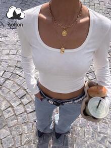 Women's Casual Round Neck Long Sleeve Top Set, Spring/Autumn - White - View 3