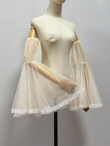 1 Pair White Mesh Lace Trim Bridal Arm Sleeves, Detachable Elastic Long Bell Sleeves - Multicolor - View 14