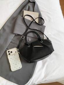 Dedoo 女款 PU 皮革斜挎包，結飾手柄，銀色金屬裝飾手提包，可拆卸肩帶，休閒日常單肩包 - 黑色 - 查看 5