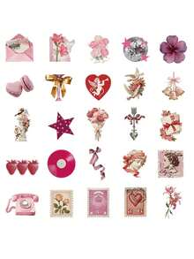 50PCS,Pink Heart Mobile Phone Stickers,PVC Material,Scrapbook Supplies,Creative And Aesthetic Design Sticker,Suitable For Mobile Phone Cases,Tablets,Laptops,Suitcases,Cars,Notebooks,Helmet,Guitar,Skateboard,Storage Box,Computer, - Multicolor - View 2