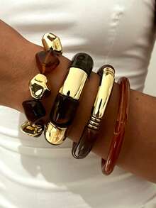 4pcs/1pc Vintage Elegant Bohemian Style Women's Amber Acrylic Beaded Elastic Bracelet Bangle, Suitable For Daily Wear, Party, Vacation, Stackable, Gift - Amber - View 1