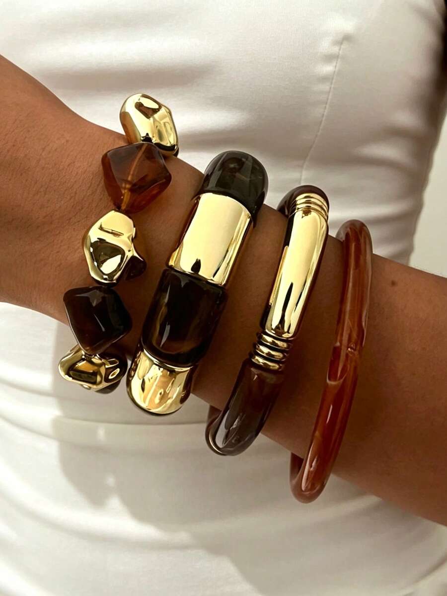 4pcs/1pc Vintage Elegant Bohemian Style Women's Amber Acrylic Beaded Elastic Bracelet Bangle, Suitable For Daily Wear, Party, Vacation, Stackable, Gift - Amber - View 1