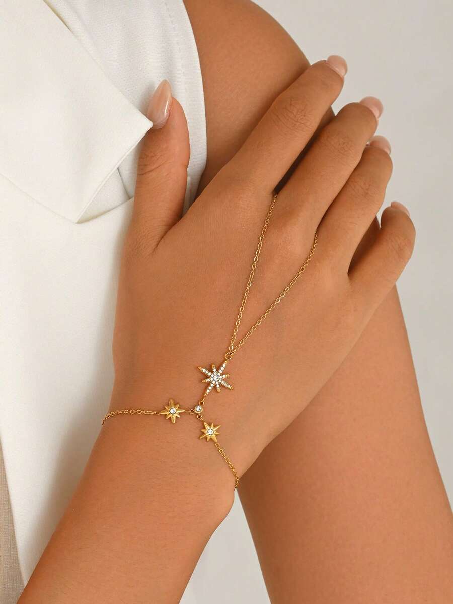 LIEBEIRIS 1 buah Gelang Jari Stainless Steel Bintang Delapan Berlapis Emas 18K yang Indah, Cocok untuk Pemakaian Sehari-hari Wanita dan sebagai Hadiah - Yellow Gold - View 1