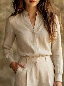 Mandarin Collar Floral Embroidery Long Sleeve Linen Blend Shirt - Apricot - View 1