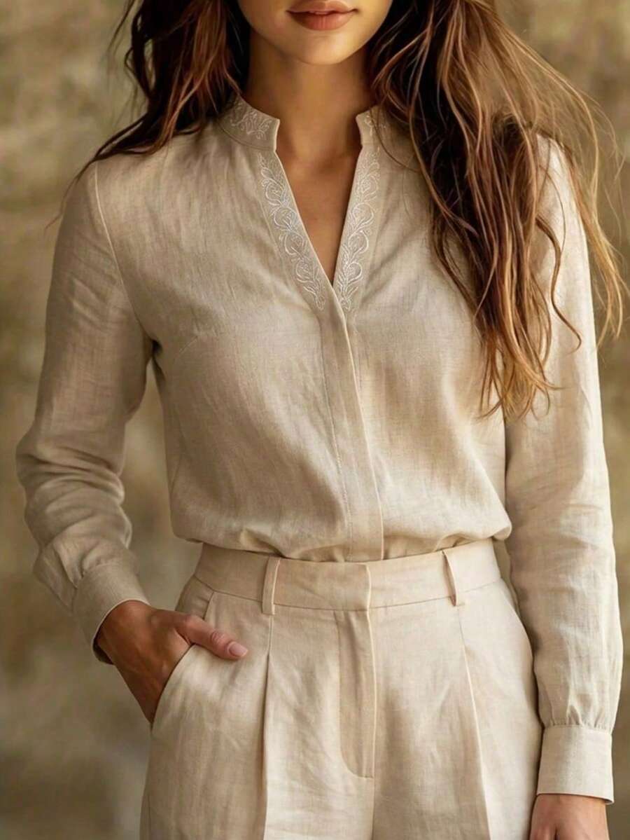 Mandarin Collar Floral Embroidery Long Sleeve Linen Blend Shirt - Apricot - View 1