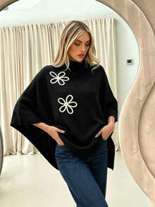 Women's Colorblock Floral Embroidered Loose French Elegant Fashion Knit Shawl, Autumn/Winter Daily Date Versatile Sweater Cape - Black - View 6