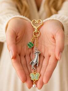 Heart-Shaped Lobster Clasp, Hand-Holding Heart Shape, Four-Leaf Clover, Butterfly, Imitation Jade Pendant Keychain; A Unique And Gentle Bag Charm. - Multicolor - View 5