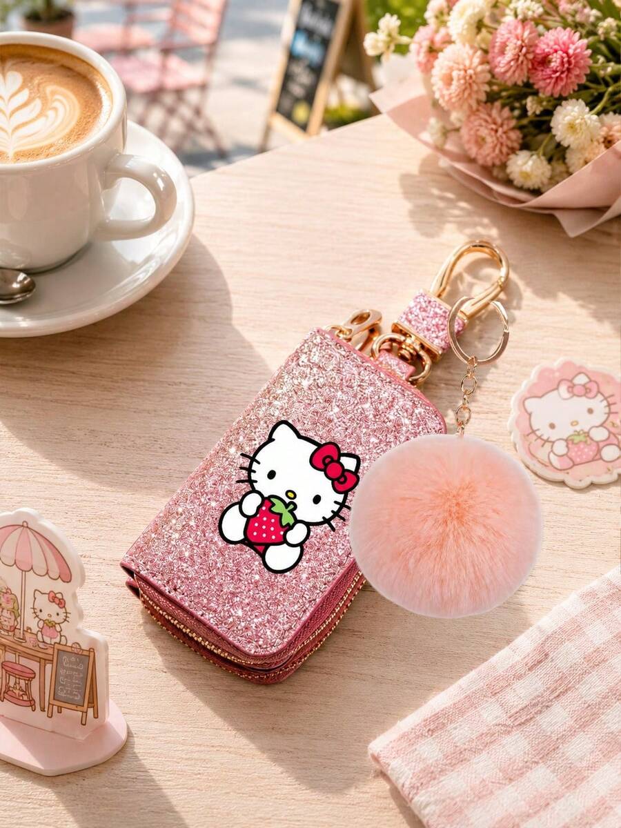 SANRIO 1Pc Hello Kitty Glitter Key Pouch, Zip Car Key Holder Case With Keychain Clip, Portable Key Organizer For Women - Multicolor - View 1