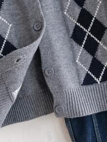 Boys' Preppy Argyle Jacquard Round Neck Button Long Sleeve Knit Cardigan Sweater, Color Block Pattern, Casual Versatile For Daily Wear And School, Spring/Autumn/Winter - Grey - View 6