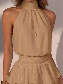 Elegant Fashion Halter Neck Backless Layered Ruffle Mini Dress Wedding Party Fall - Khaki - View 4