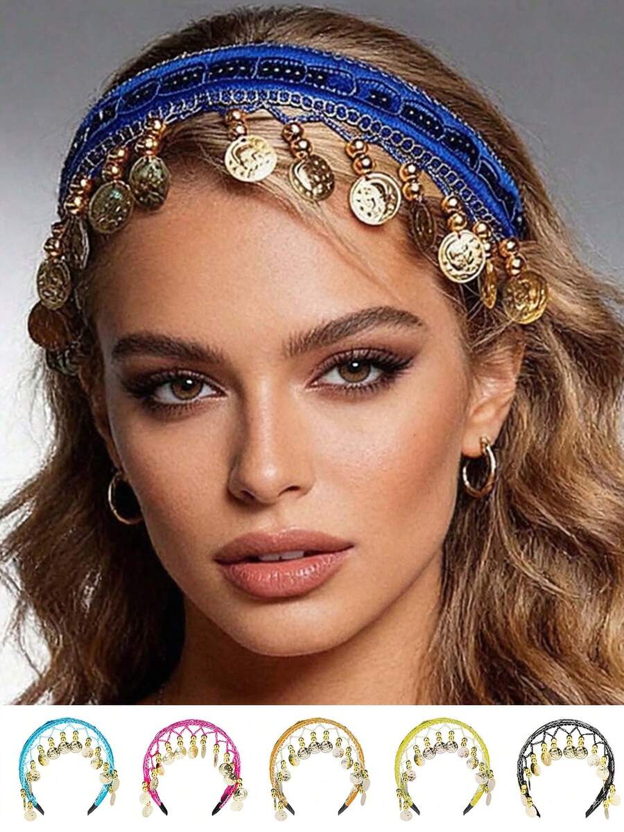 عصابة رأس مطرزة ثقيلة مع تعليقات عملات معدنية بأسلوب الشرق الأوسط، إكسسوار رأس للمسرح والكرنفال والمواكب والرقص، متوفرة بألوان متعددة - متعدد الألوان - مشاهدة 1