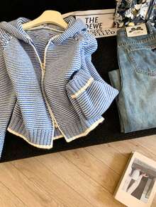 Blue Striped Hooded Double Zipper Knit Cardigan - Blue - View 6