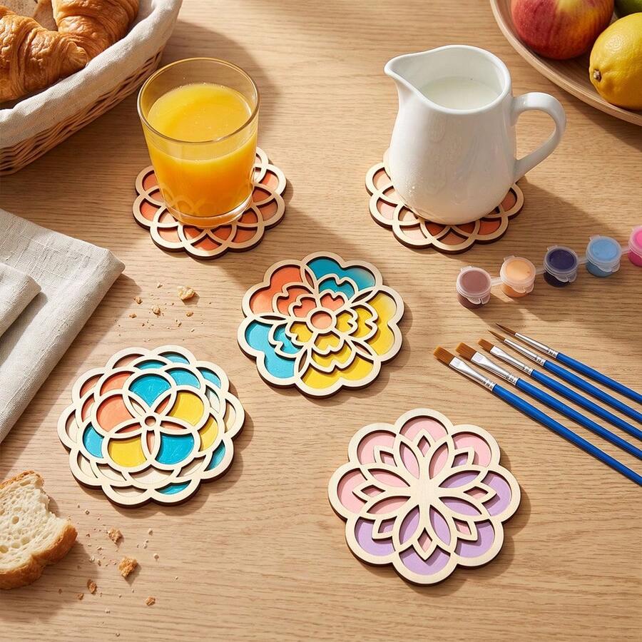 4/8pcs Mandala Wood Serving Mat, DIY Artistic Painting Creation, Heat-Resistant Desktop Protection Decoration, Suitable For Home Kitchen, Coffee Bar, Restaurant Table Decoration - Multicolor - View 1