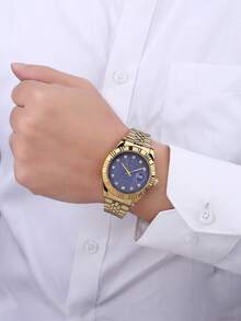 RICECGO A Lightweight, Luxury Men's Business Watch With A Checkered Rhinestone-Embellished Dial, Perfect As A Gift For Everyday Business Meetings - Gold - View 8