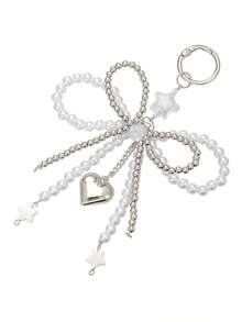 Girls Faux Pearl Bow Keychain, White Ribbon/Silver Heart & Star Rhinestone Charm Key Ring, Sweet Y2K Aesthetic Bag Pendant Accessories For Youth - Multicolor - View 11