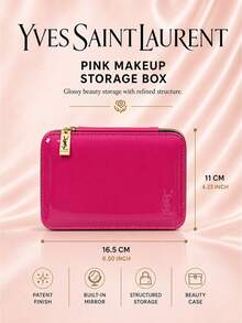 Kotak penyimpanan makeup YSL warna pink, 16,5 x 11 cm, satuan, finishing mengkilap dengan cermin terintegrasi, cocok untuk penggunaan sehari-hari dan menyimpan makeup serta aksesoris. - Berwarna merah muda - View 4