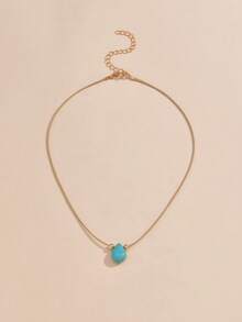 1pc Bohemian Style Teardrop Turquoise Pendant Necklace, Women's Beach Vacation Photo Accessory - Gold - View 3