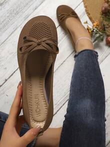 2026 Spring/Summer New Women's Round Toe Lace Knit Flat Loafers - Brown - View 1