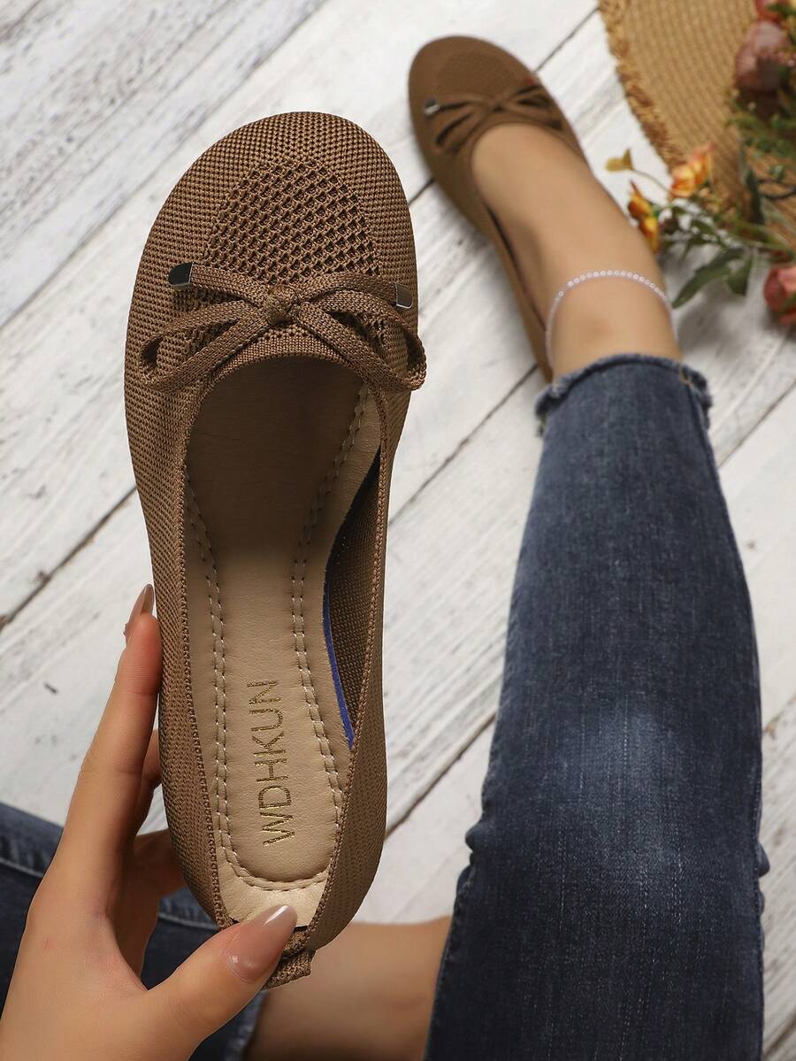 2026 Spring/Summer New Women's Round Toe Lace Knit Flat Loafers - Brown - View 1