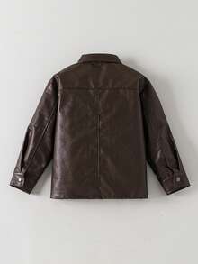Tween Boys PU Leather Shacket, Spring/Autumn New Minimalist Single-Layer Top, Suitable For Daily Wear, School, Street, Versatile Retro Cool Jacket - Chocolate Brown - View 2