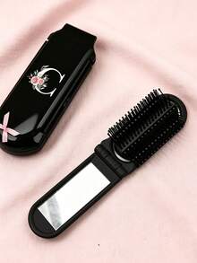 Premium Black Foldable Multi-Functional Mini Makeup Brush Set, With Air Cushion, A-Z Floral Letter Print, Massage Comb With Mirror, Detachable - Multicolor - View 1