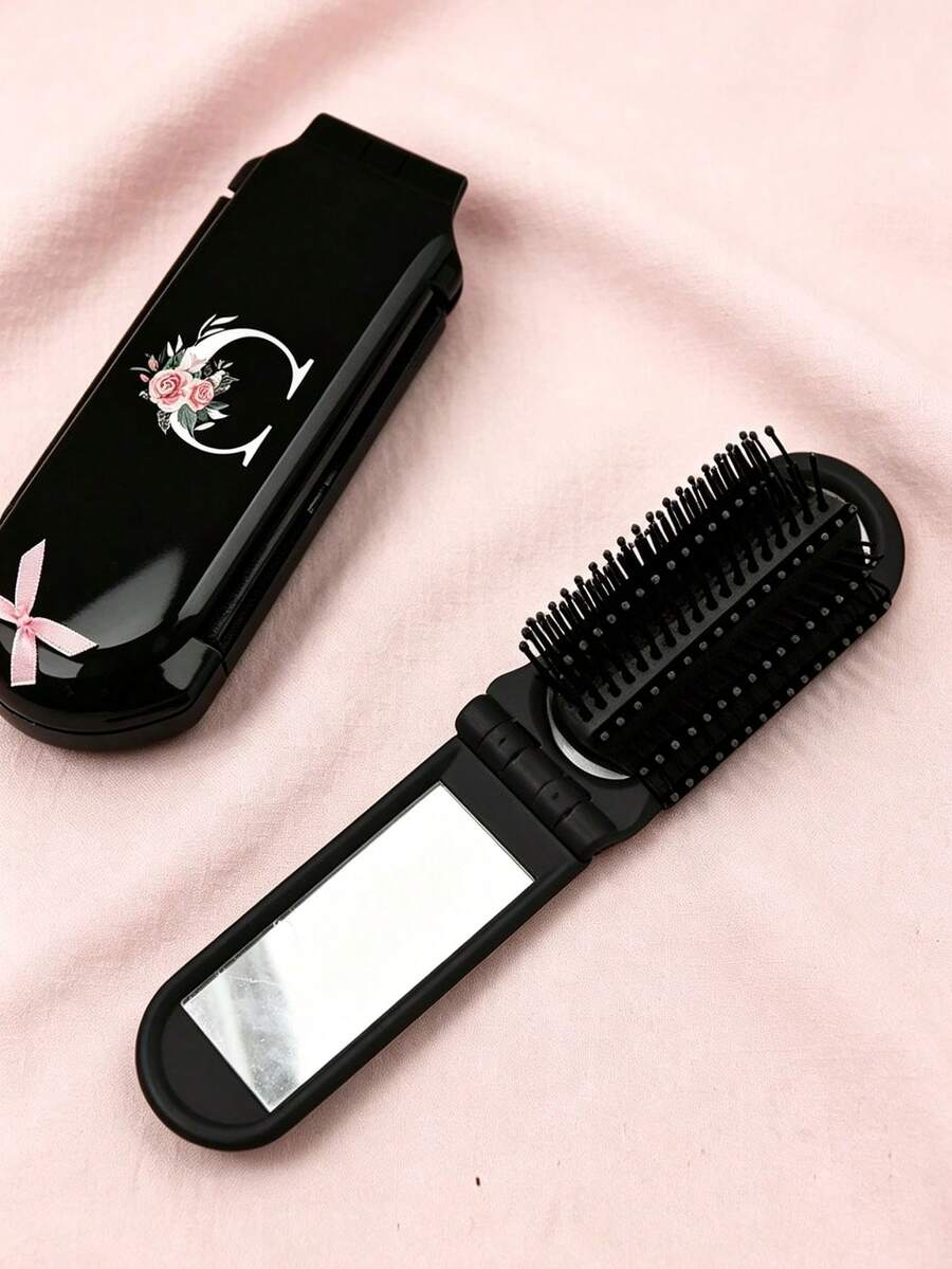 Premium Black Foldable Multi-Functional Mini Makeup Brush Set, With Air Cushion, A-Z Floral Letter Print, Massage Comb With Mirror, Detachable - Multicolor - View 1