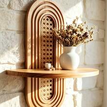 Vintage Wooden Rattan Wall Shelf Home Decor Storage Rack - Multicolor - View 1