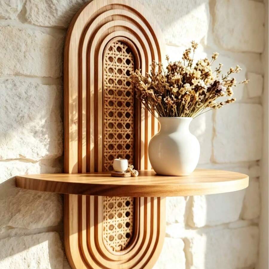 Vintage Wooden Rattan Wall Shelf Home Decor Storage Rack - Multicolor - View 1