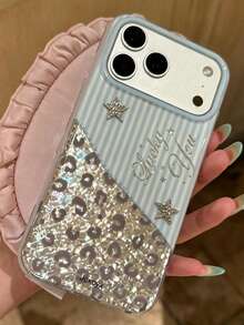 Cute Glitter Stripes Rhinestone Glossy Soft Phone Case Compatible With IPhone 17 Pro Max 17 Pro 16 Pro Max 15 Pro Max 14 Pro Max 13 Pro Max 13 12 11 Shiny Protective Back Cover - Blue and White - View 2