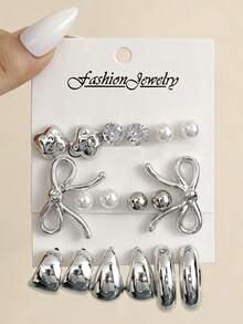 NAIZHU 9 Pairs Kids Fashion Metallic Bow Geometric Faux Pearl Earrings Set, Suitable For Daily Wear, Party Accessories, Gift - Silver - View 1