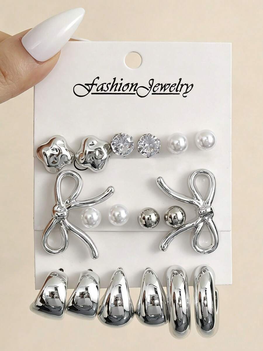NAIZHU 9 Pairs Kids Fashion Metallic Bow Geometric Faux Pearl Earrings Set, Suitable For Daily Wear, Party Accessories, Gift - Silver - View 1