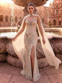 Women's Elegant Charming Romantic Formal Evening Gown, Backless Strapless Beaded Mesh Sequin Slit Cocktail Party Gala Graduation Long Dress - Beige - View 6