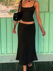 GLAMSKIN Women's Fall Black 2 Pieces Outfits,Cami Crop Top & Mermaid Maxi Skirt Set, Slim Fit Ruched Glam Fall Fashion Outfit - Black - View 1