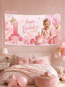 Custom 1st Birthday Photo Tapestry, Personalized Name & Age Pink Floral Party Backdrop, 90g Smooth Polyester Wall Hanging, Baby Girl Birthday Decoration, Nursery Decor, Photo Background, Multiple Sizes Suitable For Party & Home - Multicolor - View 2