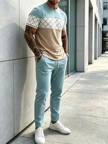 Men's Autumn/Winter Simple Elegant Comfortable Argyle Colorblock Patchwork Short Sleeve & Long Pants Set - Multicolor - View 7