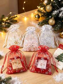 50pcs/Set Christmas Snowflake Print Organza Drawstring Gift Bags, Red Silver Mesh Pouch For Xmas Party Favor Packaging - Multicolor - View 8