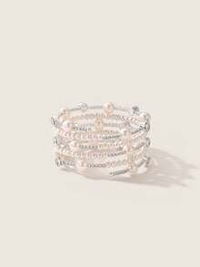 Valisandre 1pc New Fashion 5-Row Multi-Layer Crystal Pearl Twist Cuff Bracelet, Bridal Wedding Gift For Women And Girls - Silver - View 4