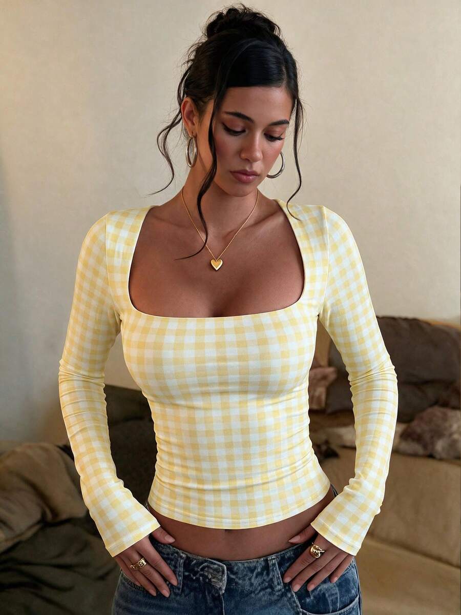 Mystra 女款優雅方領格紋修身休閒襯衫 夏季黃色 - 黃色 - 查看 1