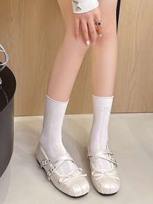 Beige Pleated Round Toe Cross Strap Ballet Flats Women's Spring Autumn Sweet Cool Style Bow Low Top Shoes - Beige - View 5