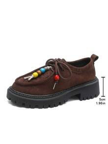 Colorful Beaded Lace-Up Suede Solid Color Retro Loafers Thick Platform Serrated Sole Slip-On Wedge Heels Fashion Versatile - Brown - View 7